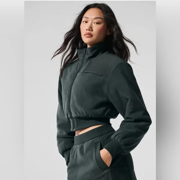 Alo Yoga Polar Fleece Cropped Wintry Mix Jacket (Charcoal Green) - Picture 2 of 7